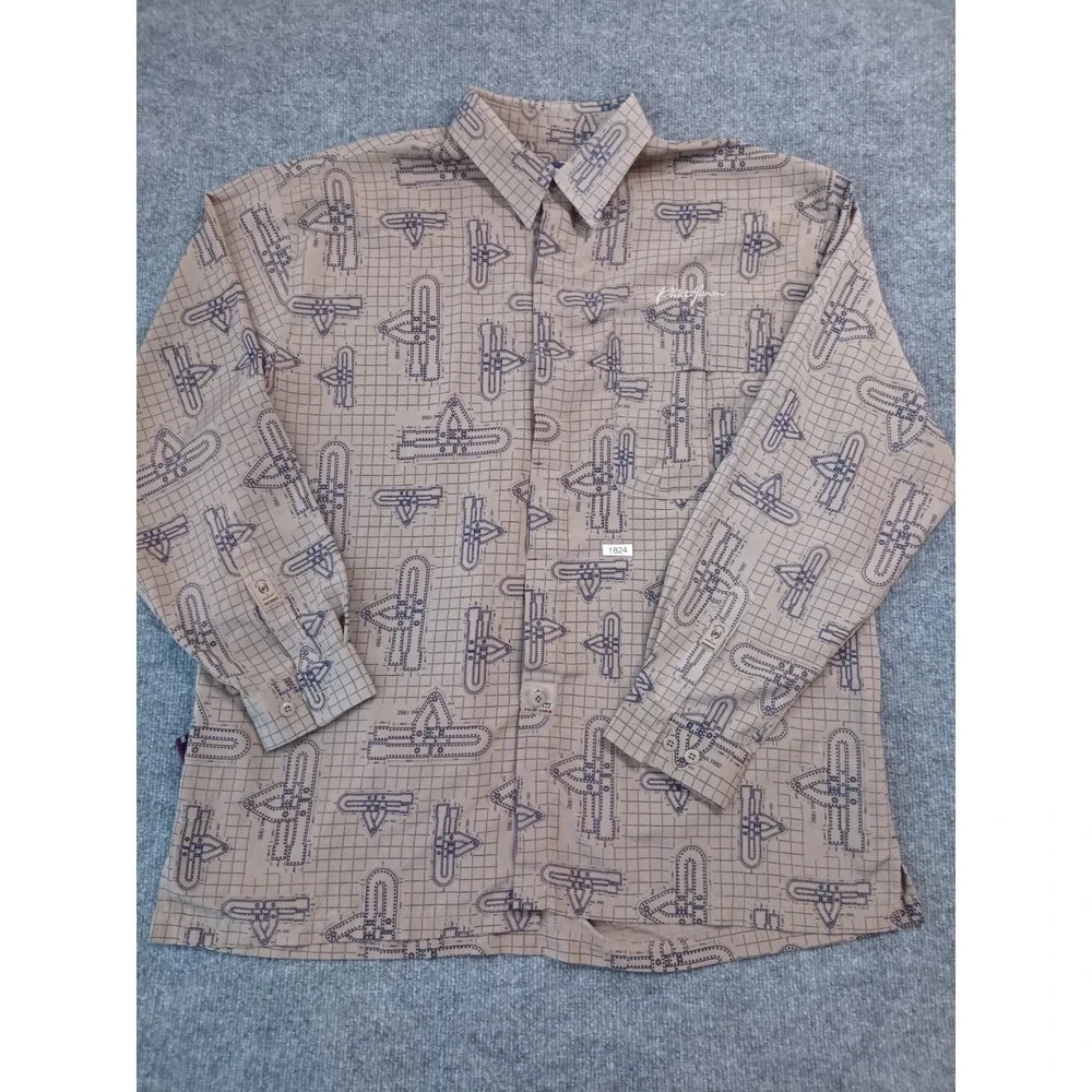 Phat Farm Men's Button Up Shirt Size Medium Beige Blue Allover Print Y2K Long